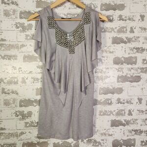 Vintage B.B. Apparel Women Gray Embellished Cold Shoulder Ruffle Tunic Top Large